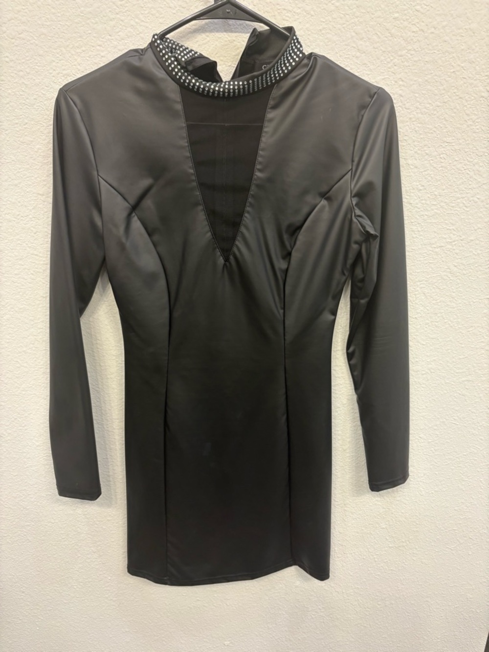Black Long-Sleeve V-Neck Dress with Embellished High Collar